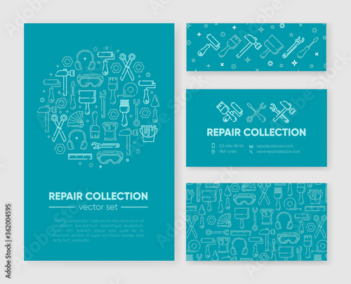 Set of templates with working tools for home repair, building, construction, renovation. Design element, outline set, icons of industrial equipment. Vector illustration. Bright turquoise color.