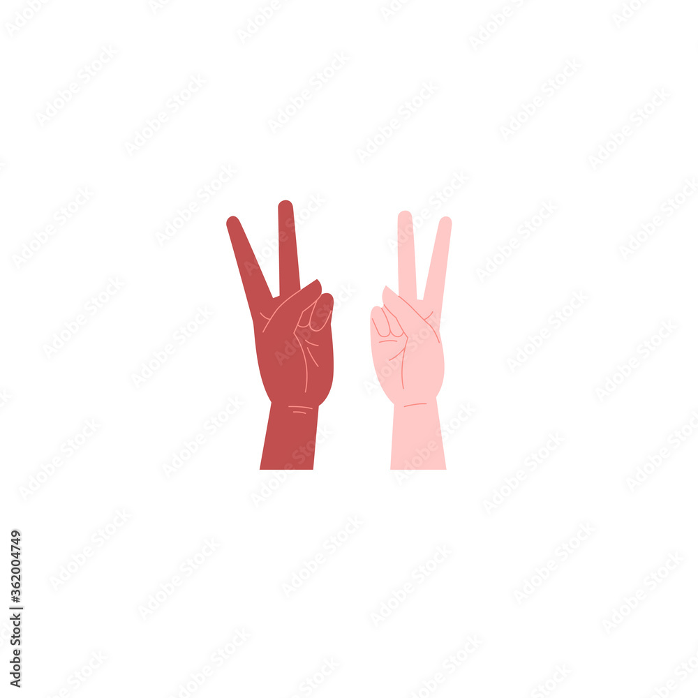 Flat illustration of black and white hands doing a victory gesture. Solidarity. Unity concept Flat illustration of black and white hands doing a victory gesture. Solidarity. Unity concept