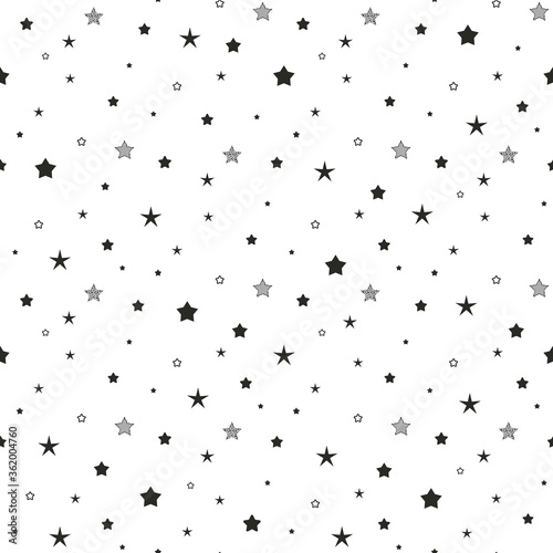 Seamless cute pattern with little different black stars, dots and circles on white background.