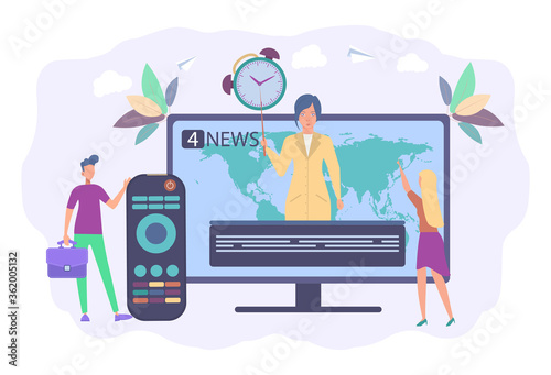 Press, media, news studio. Journalists, reporters telling hot news. Hot online information, breaking news, news headline content concept. Colorful vector illustration
