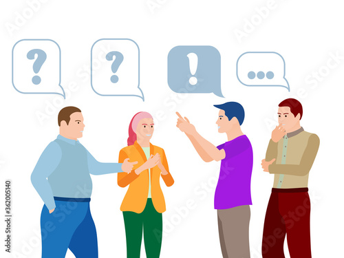 Business People Communication Flat style Raster image. Men and Women Talk. The Team Communicates and Searches for Ideas Problem Solving, Use in Web Projects and Applications.