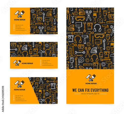 Template with working tools pattern for home repair, building, construction, renovation. Vector illustration. Home repair logo. Copy text place. Card, label, visit card, banner design template.