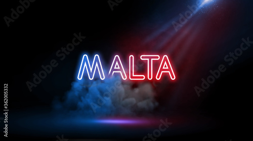 MALTA, Country name in neon light effect, Studio room environment with smoke and spotlight.