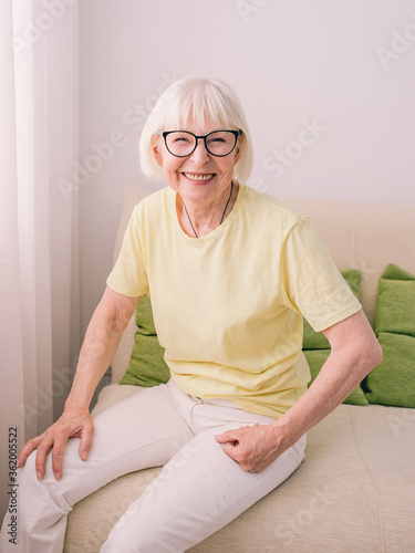 elderly (old) cheerful caucasian stylish woman with gray happy of new day at home. Anti age, healthy lifestyle, positive thinking concept
