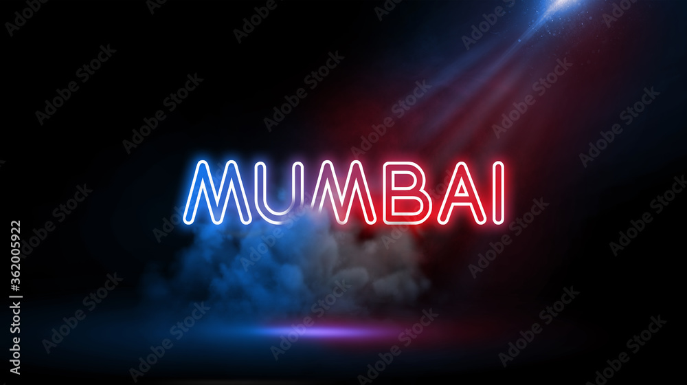 Obraz premium Mumbai (formerly called Bombay) is a densely populated city on India’s west coast. A financial center, it's India's largest city. Neon light in Wall of Studio Room with Spotlight and Smoke.