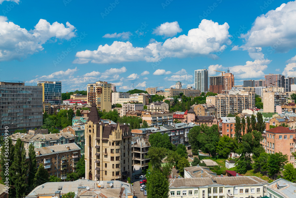 Kyiv cityscape panorama in hot summer day.