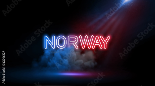 Norway is a Scandinavian country encompassing mountains, glaciers and deep coastal fjords. Neon light in Wall of Studio Room with Spotlight and Smoke.