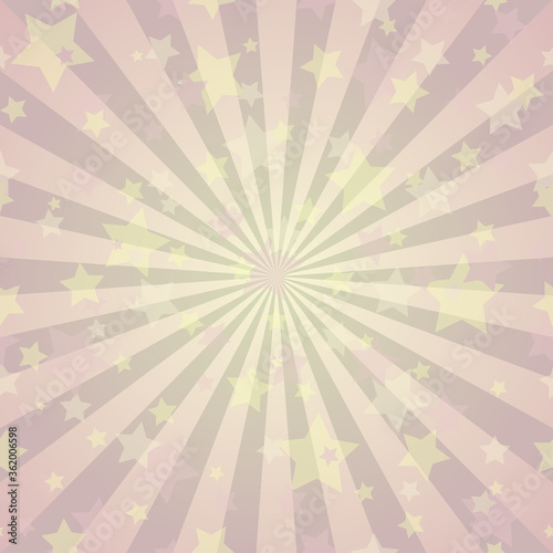 Sunlight rays background. Violet and yellow color burst background with shining stars. Vector illustration.