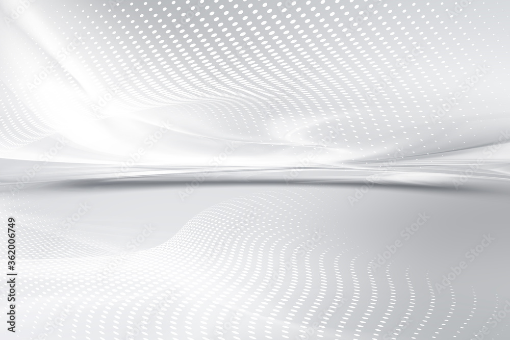 Naklejka premium White grey perspective flow waves background with halftone dots. Fantasy futuristic sci-fi design. Abstract creative graphic for web. Modern future style.
