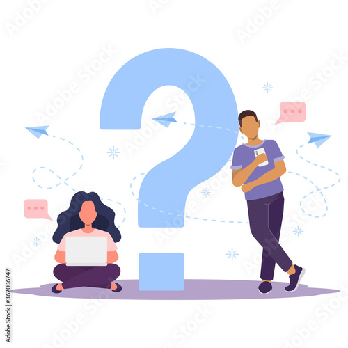 Woman, man looking at the phone,laptop. Question mark symbol.Worker, student, character does not understand the teacher's task or question. Looking for answer in the Internet. Vector flat illustration