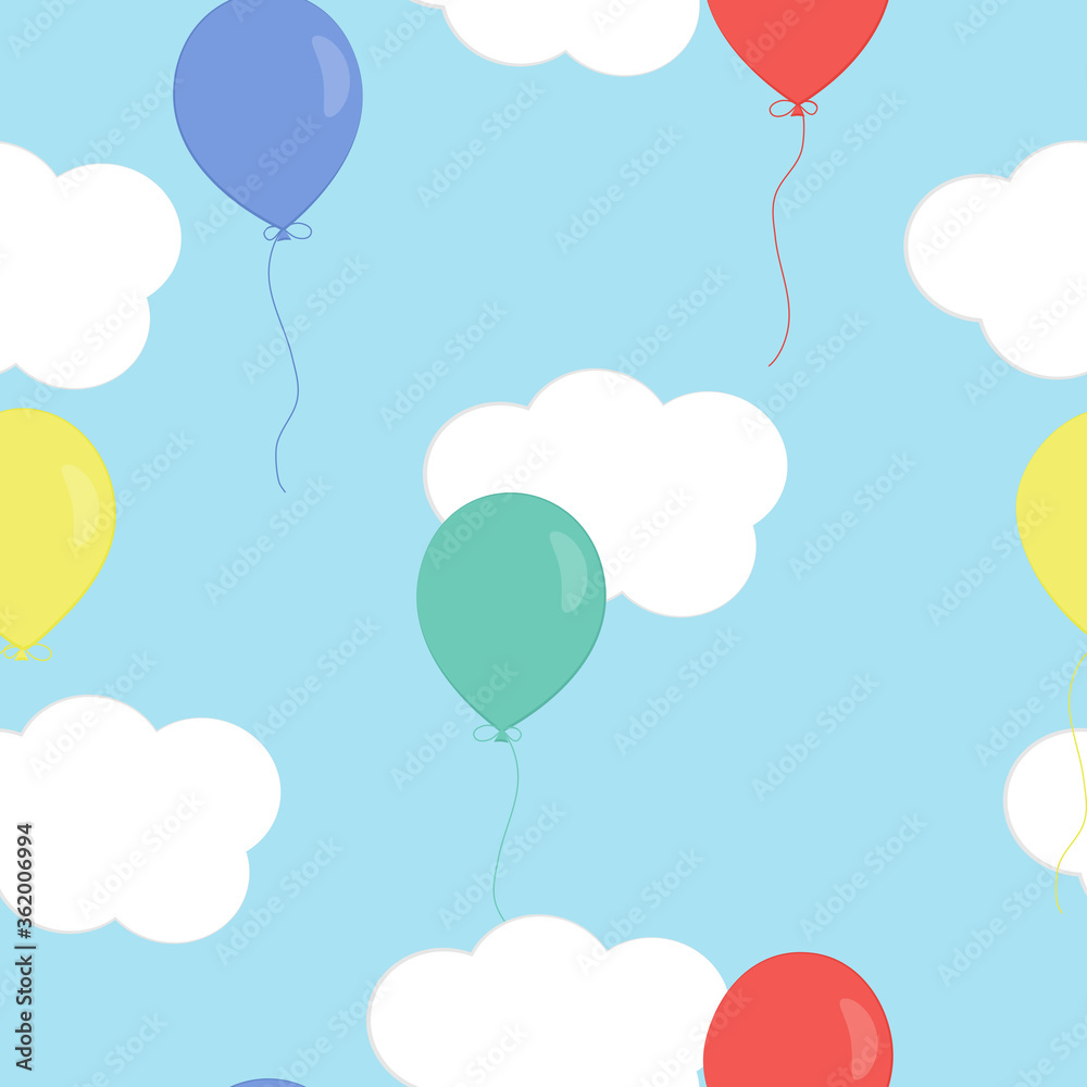 Vector seamless pattern with clouds and balloons on blue background. For fabric, textile, linen, wallpaper, gift and wrapping paper, greeting card, children's holiday and party invitations, pajamas.