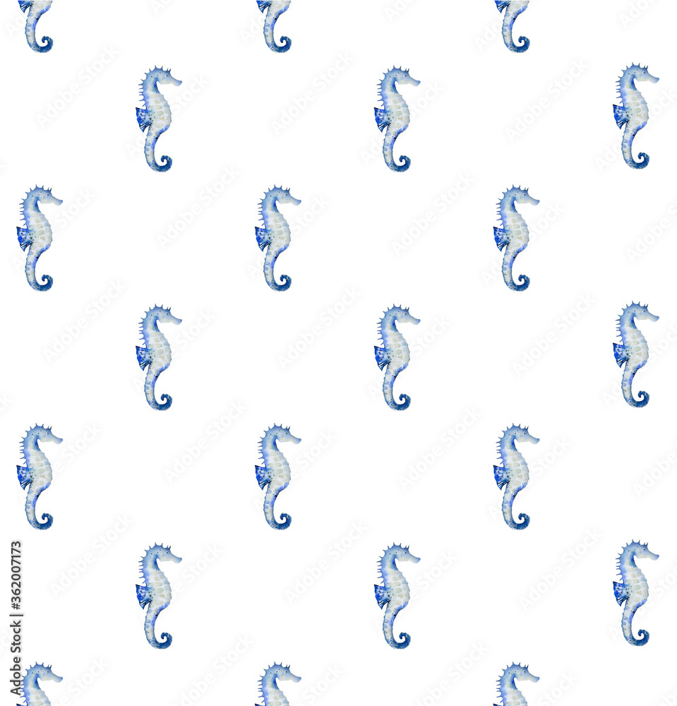 Watercolour pattern with blue seahorses. Design for pillow, shower curtains, textile. Illustration on white background. Watercolour pattern with blue seahorses. Design for pillow, shower curtains, textile. Illustration on white background.