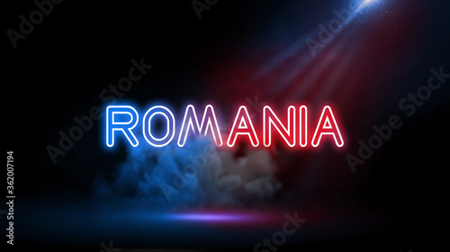 Romania is a southeastern European country known for the forested region of Transylvania, ringed by the Carpathian Mountains. Studio room with Neon lights.