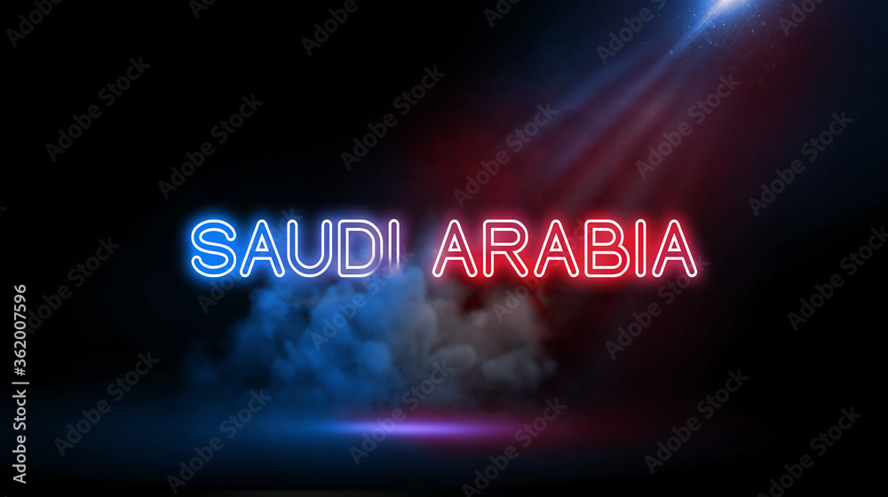 Saudi Arabia, officially the Kingdom of Saudi Arabia, is a country in Western Asia constituting the bulk of the Arabian Peninsula. Country name in Studio room with Neon lights.