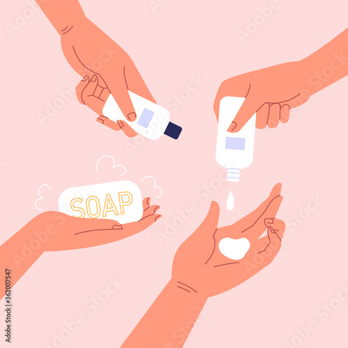 Flat illustration of hands holding soap and sanitizer. Covid-19 hygiene illustration