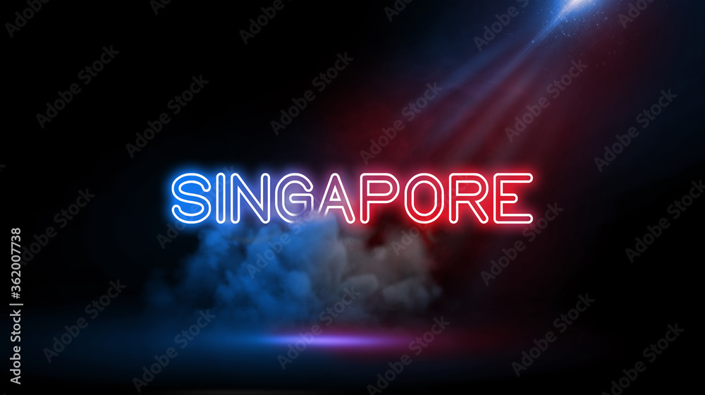 Singapore, officially the Republic of Singapore, is a sovereign island city-state in maritime Southeast Asia. Country name in Studio room with Neon lights. Singapore, officially the Republic of Singapore, is a sovereign island city-state in maritime Southeast Asia. Country name in Studio room with Neon lights.