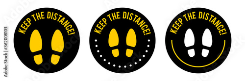 Keep Your Distance Round Floor Marking For Queue Shoe Prints Social Distancing Instruction Icon. Vector Image. Circle round footstep shoe COVID-19 sign.