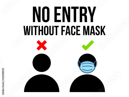 No Entry Without Face Mask or Wear a Mask Icon. Vector front door plate. Warning sign without a face mask no entry and keep distance.