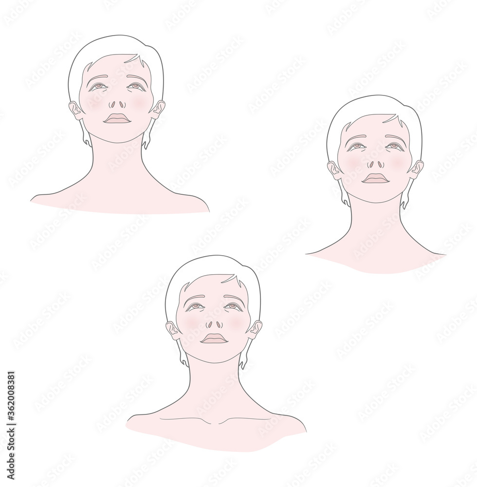Medical template. Woman with her head thrown back. Portrait bottom view. Vector. Isolated on a white background. Medical template. Woman with her head thrown back. Portrait bottom view. Vector. Isolated on a white background.