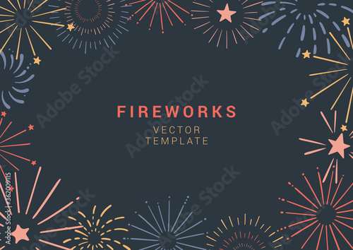 Hand drawn festive vector banner with colorful fireworks. Vector background for holiday, party, Christmas, birthday, carnival, Independence day. Celebration vector web banner
