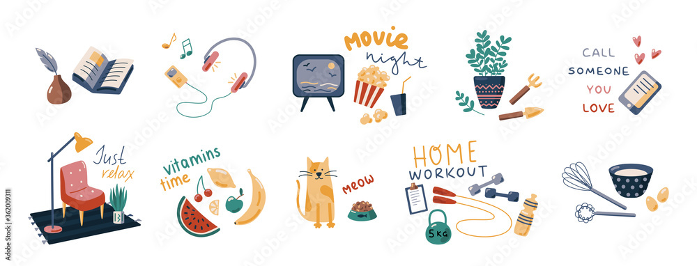 Things to do at home vector collection. Set of flat cartoon ...