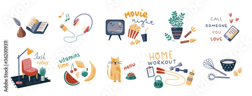 Things to do at home vector collection. Set of flat cartoon illustrations with slogans. Home activity. Flat vector cartoon illustration isolated on white background