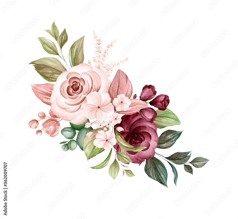 Fototapeta Watercolor bouquet of soft brown and burgundy roses and leaves. Botanic decoration illustration for wedding card, fabric, and logo composition