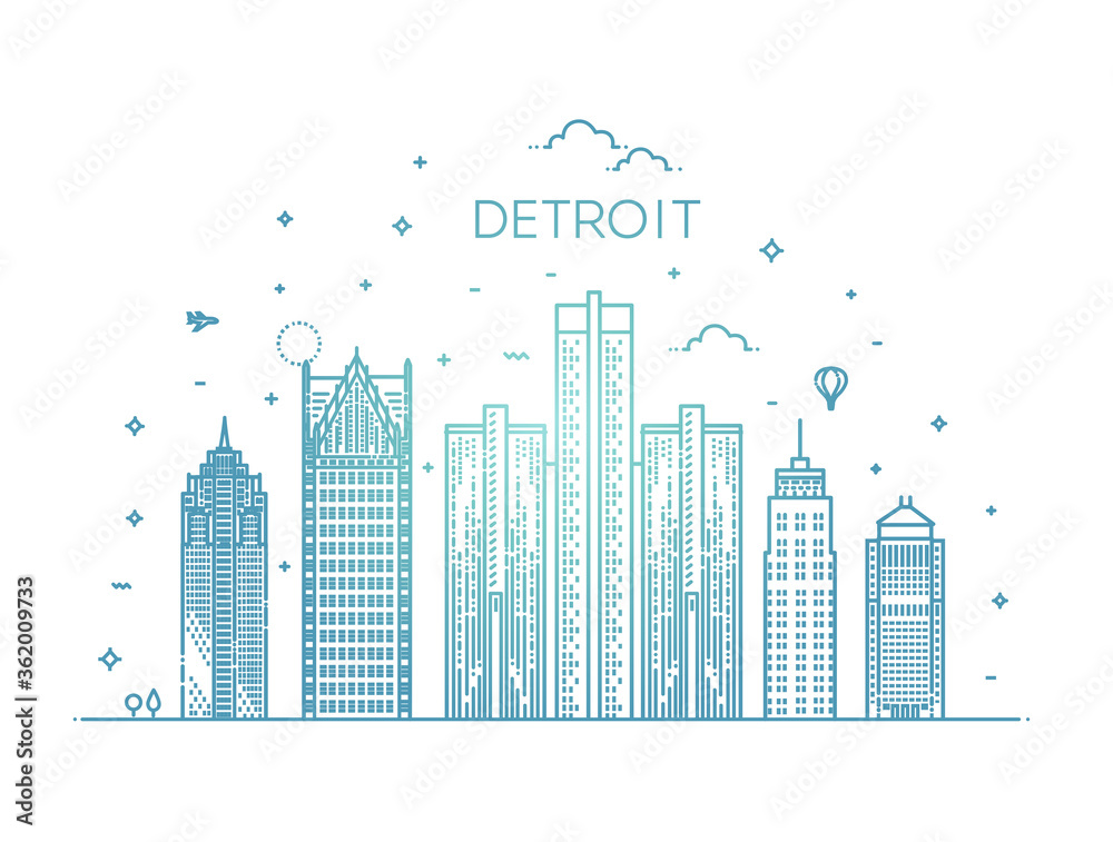 Michigan, Detroit . City skyline. Architecture, buildings, landscape, panorama, landmarks, icons