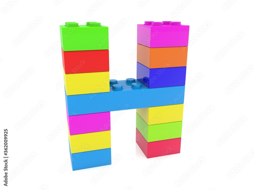 The letter H is composed of toy bricks of different colors on white The letter H is composed of toy bricks of different colors on white