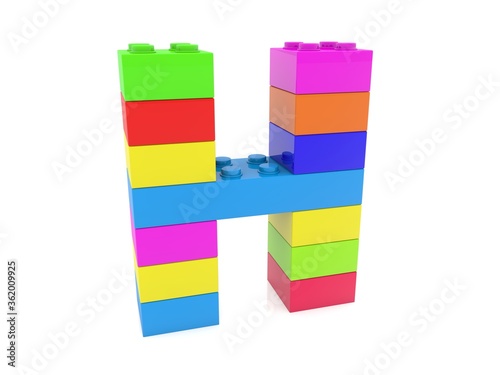 The letter H is composed of toy bricks of different colors on white