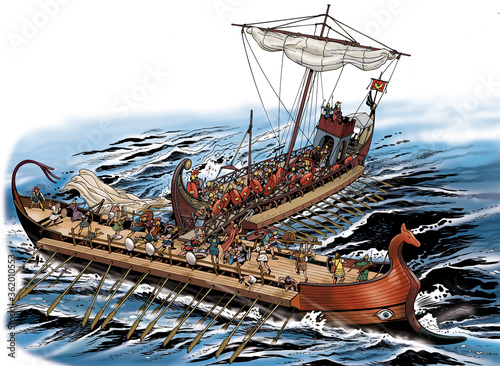 Ancient Rome - Roman ship with crow ramming Carthaginian ship