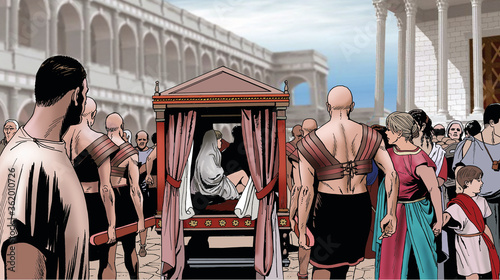 Canvas Print Ancient Rome - Litter transports woman through the streets of the city