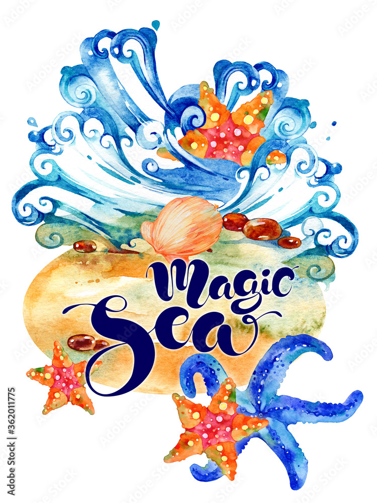 Sea background. Magic sea. Elements of the sea. Watercolor illustration on white background. Sea background. Magic sea. Elements of the sea. Watercolor illustration on white background.