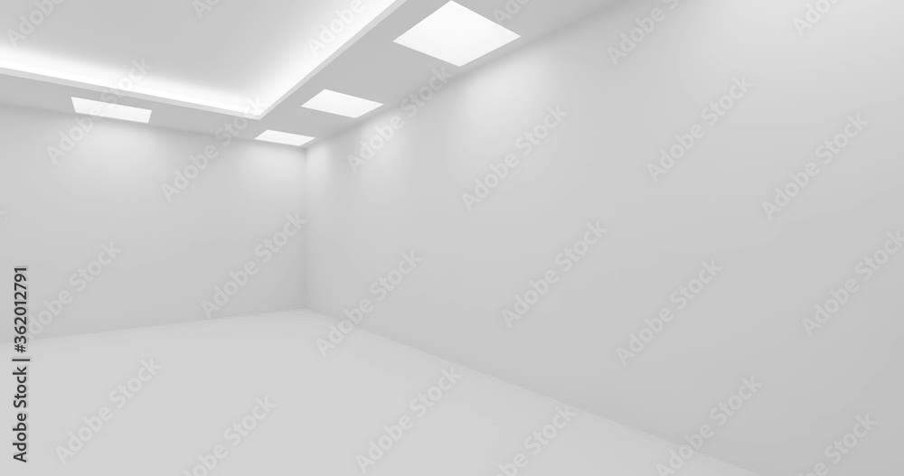 Empty white room with white wall, floor and ceiling with square embedded ceiling lamps and hidden ceiling lights video panorama view, 3d animation