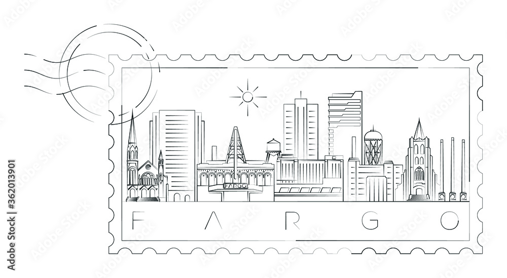 Fargo stamp minimal linear vector illustration and typography design, North Dakota, Usa
