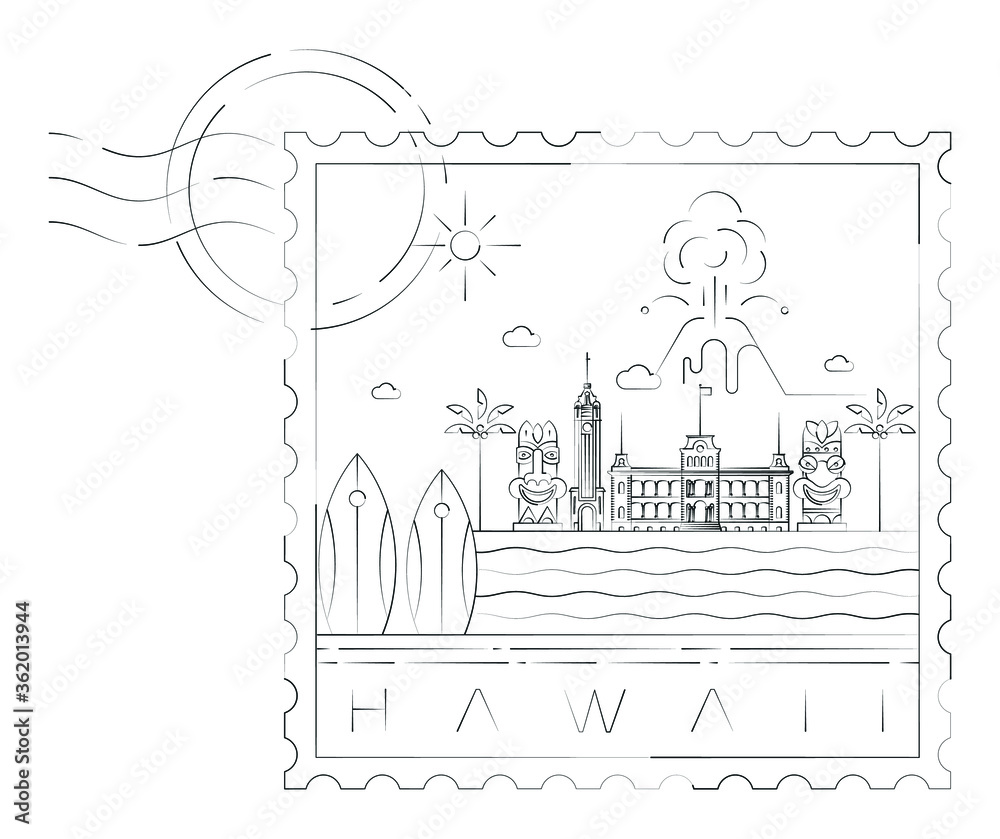 Hawaii stamp minimal linear vector illustration and typography design