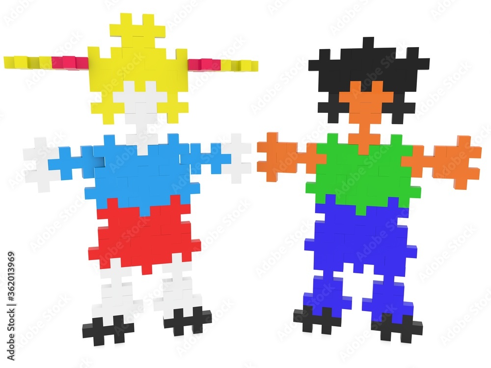 The boy and the girl are made of colorful puzzle pieces The boy and the girl are made of colorful puzzle pieces
