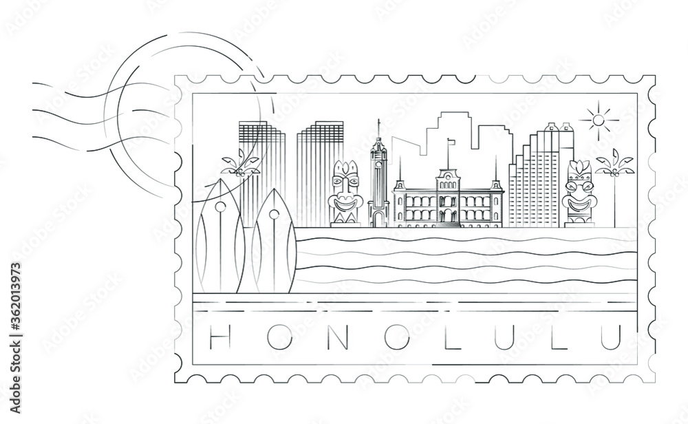 Honolulu stamp minimal linear vector illustration and typography design, Hawaii
