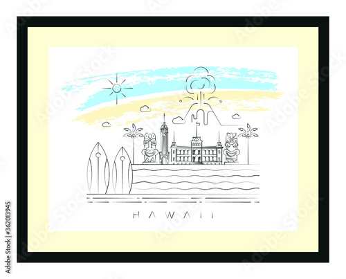 Hawaii poster minimal linear vector illustration and typography design