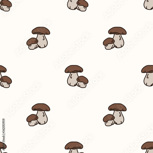Seamless background bolete mushroom gender neutral baby pattern. Simple whimsical minimal earthy 2 tone color. Kids nursery wallpaper or boho cartoon animal fashion all over print.