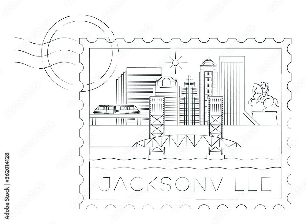 Jacksonville stamp minimal linear vector illustration and typography design, Florida, Usa