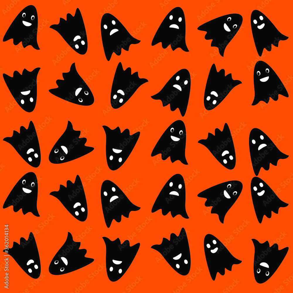 Spooky halloween background. Ghost pattern on orange background. Ghosts with faces. Happy, angry ghosts. Wrapping paper, flyer, greeting card, poster. Vector illustration.  
