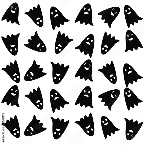 Spooky halloween background. Ghost pattern on white background. Ghosts with faces. Happy, angry ghosts. Wrapping paper, flyer, greeting card, poster. Vector illustration. 