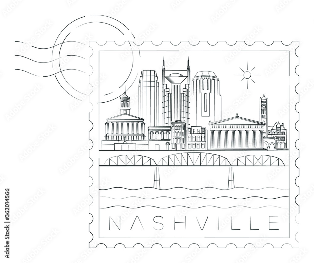 Fototapeta premium Nashville stamp minimal linear vector illustration and typography design, Tennessee, Usa