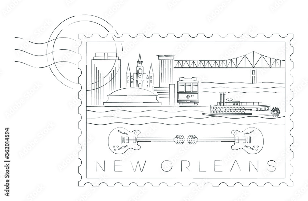Obraz premium New Orleans stamp minimal linear vector illustration and typography design, Louisiana, Usa