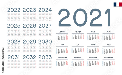 French Calendar for 2021-2033. Week starts on Monday