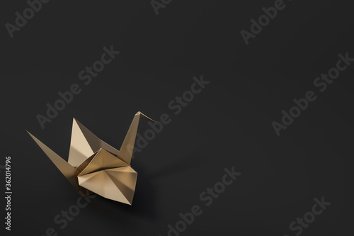 Golden Origami Bird, gold bird paper crane on dark background 3d rendering. 3d illustration bird paper craft for Hiroshima remembrance day minimal style concept. © Ongushi