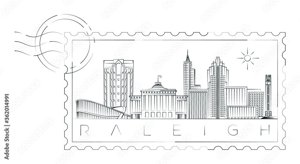 Raleigh stamp minimal linear vector illustration and typography design, North Carolina, Usa Raleigh stamp minimal linear vector illustration and typography design, North Carolina, Usa