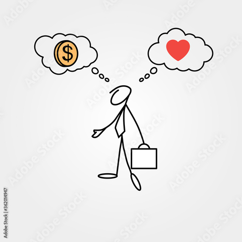 Cartoon icon of sketch business man stick figure having a dilemma