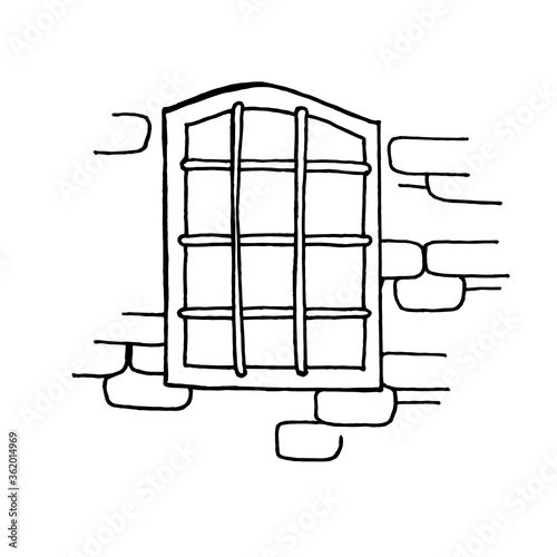 Hand-drawn image of a prison window with bars. Black and white vector image. Windows on a brick wall. Isolated on a white background.